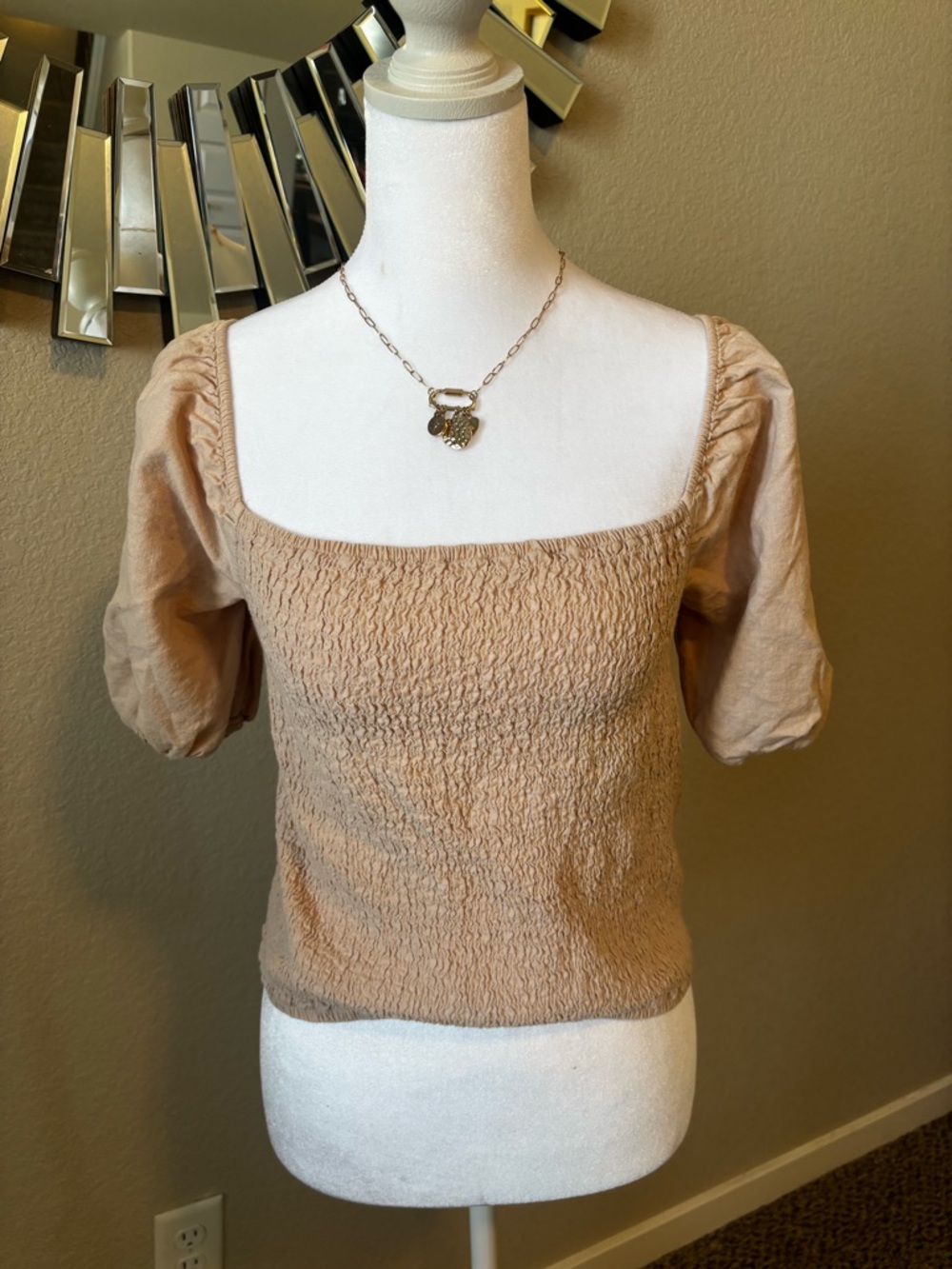 Abercrombie & Fitch Beige Smocked Square-Neck Crop Top